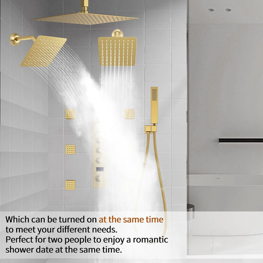 Brushed Gold Triple Shower Heads Shower System with 12'+8'+8' Top Shower Heads, Digital Display Shower Valve, Body Jets and Handheld Shower,Full Body Shower System
