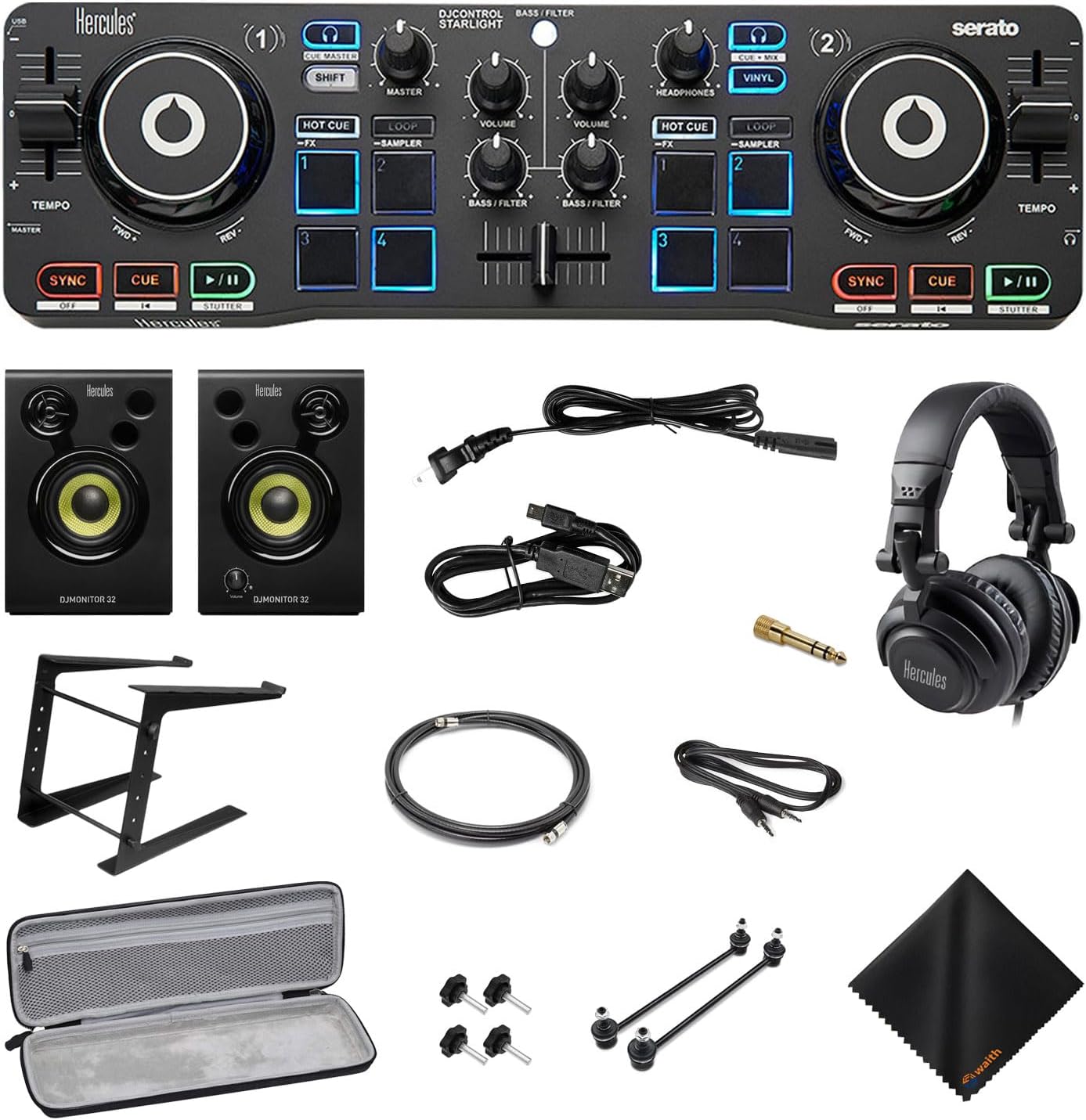Hercules DJ Starter Kit - Starlight USB DJ Controller with On-Stage Laptop Stand, Waith Hard Carry Travel Case and Waith Cleaning Cloth - Serato DJ Lite Software Include (Bundle Set)