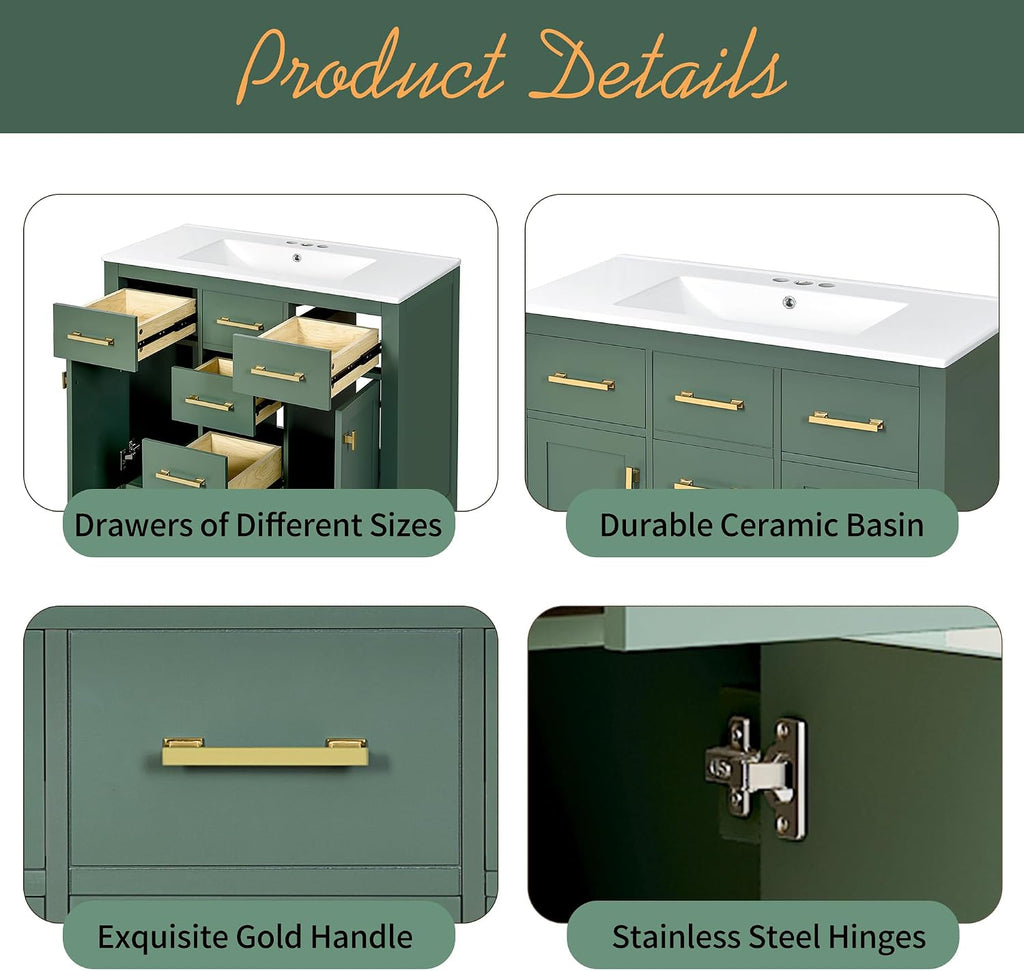 Virubi 36' Bathroom Vanities with Single Sink Set, Bathroom Storage Cabinet with 4 Drawers and 2 Soft Closing Doors, Solid Wood Frame Bathroom Sink Vanities