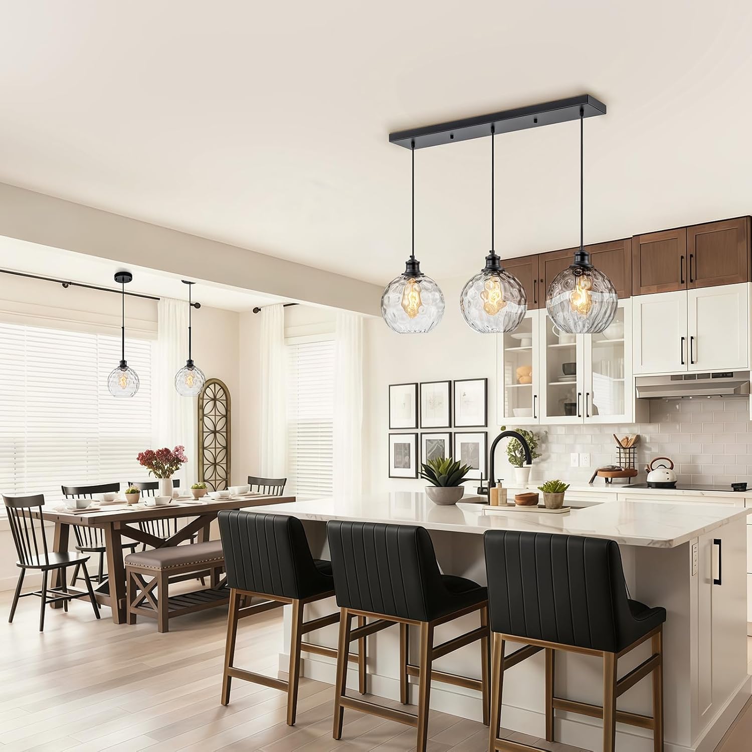 3 Light Pendant Lights Kitchen Island, Black Island Lights for Kitchen, 31.5' Globe Pendant Light with Clear Hammered Glass Shade, Adjustable Farmhouse Hanging Light Fixtures