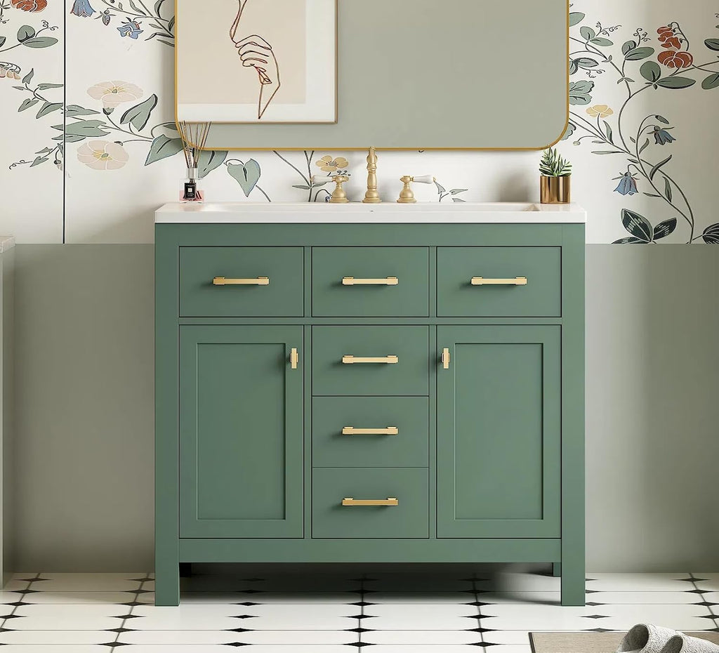Virubi 36' Bathroom Vanities with Single Sink Set, Bathroom Storage Cabinet with 4 Drawers and 2 Soft Closing Doors, Solid Wood Frame Bathroom Sink Vanities