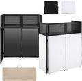 Portable DJ Booth Facade Stand | Foldable DJ Table with 38.5'x19' Surface & Cable Hole | Includes Black/White Scrims & Carry Bag for Events, Parties, Mobile DJs (DJ Station, Event Facade)