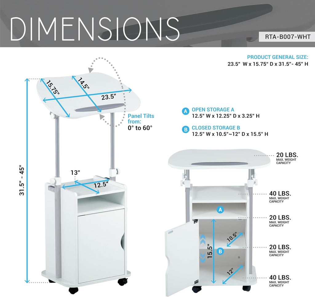 Techni Mobili Adjustable Laptop Cart with Storage, Rolling Mobile Workstation Desk with Cabinet, Shelf & Locking Wheels. Height Adjustable Sit to Stand for Home Office, Bedside, or Classroom (White)