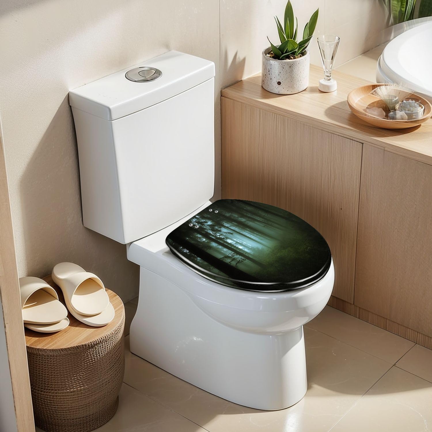 Elongated Toilet Seat green forest fog morning Resin Toilet Seat Slow Quiet Close Lid with Quick-Release Hinges Cover Bumpers Easy to Clean Install