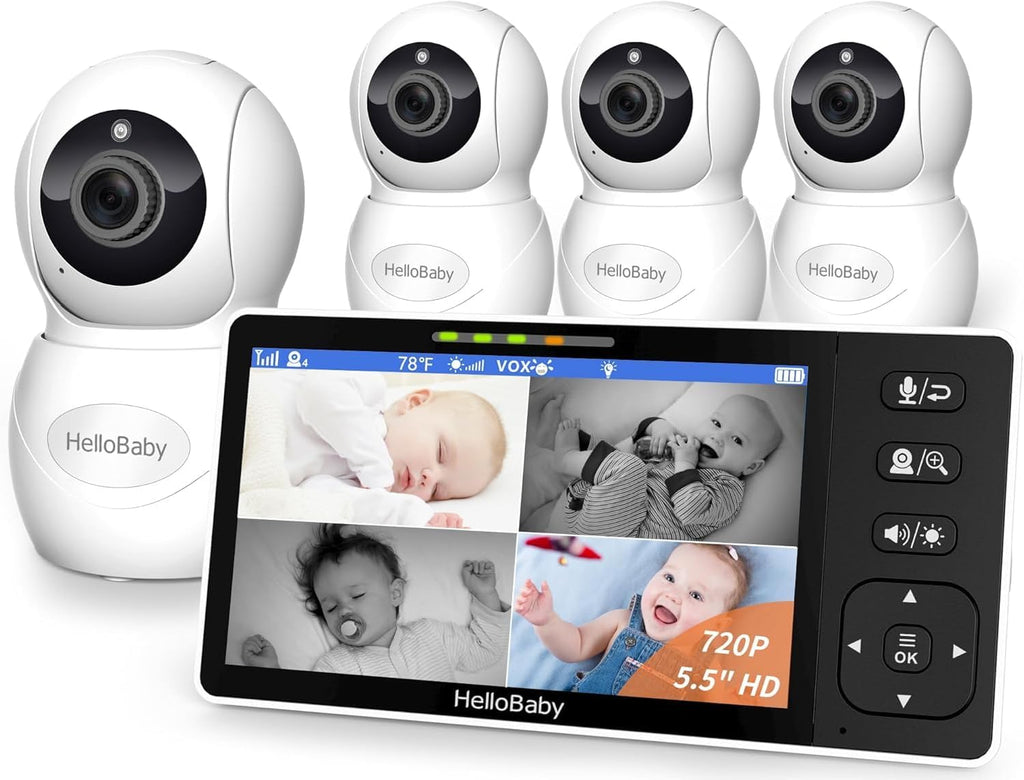 HelloBaby 5.5' 720P HD Baby Monitor with 4 Cameras,Split Screen Display,Video Baby Monitors,No WiFi,Remote Pan/Tilt/Zoom,Night Light,4000mAh Battery,Wide View,Ideal for Twins/Multiple Children