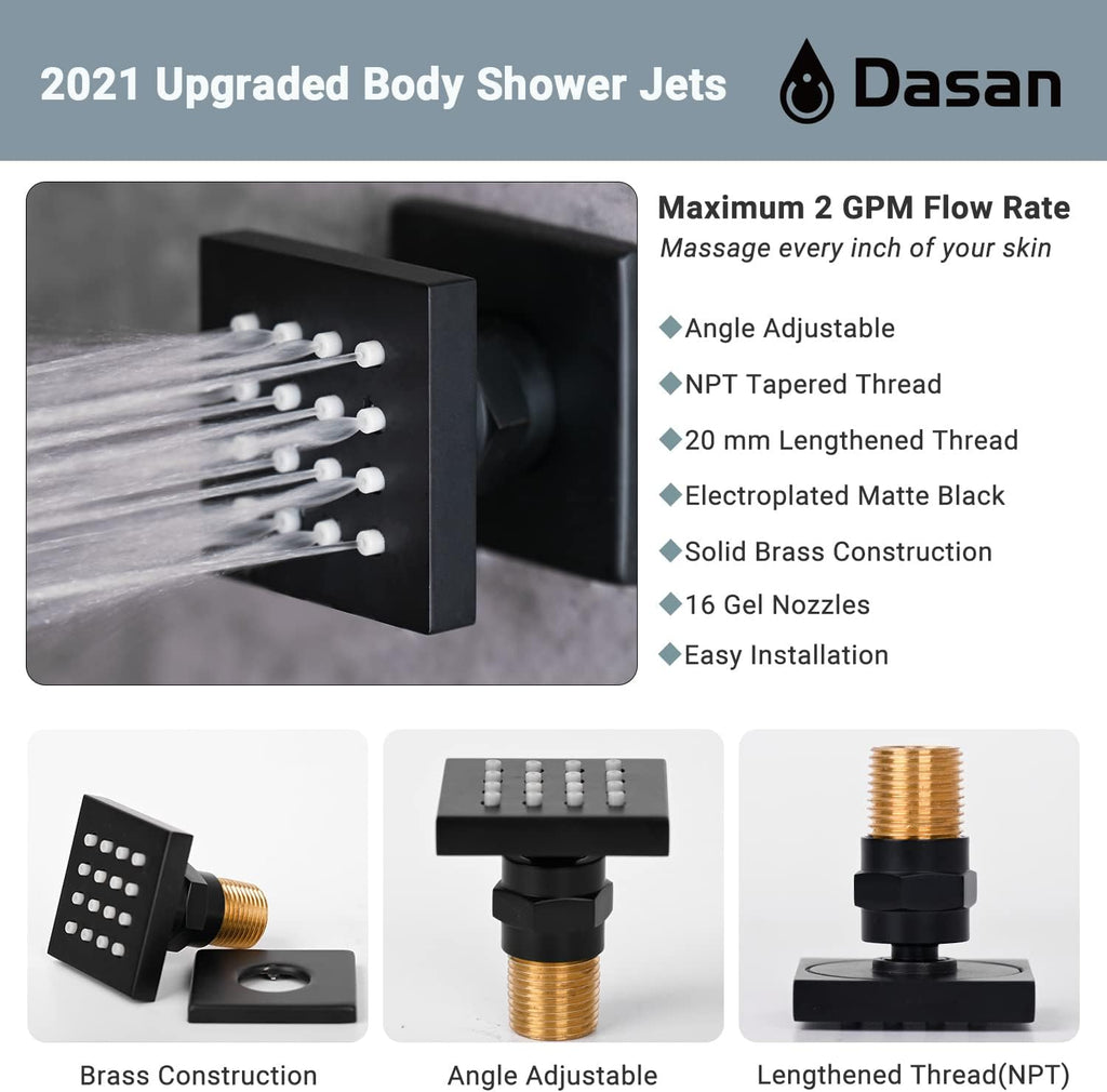 Full Body Rain Shower System with 4 Body Shower Jets & 12'' Wall Mount Rainfall Shower Head & Handheld, DASAN Multi Shower Head System Matte Black Rain Shower Faucets sets Combo with Rough-in Valve