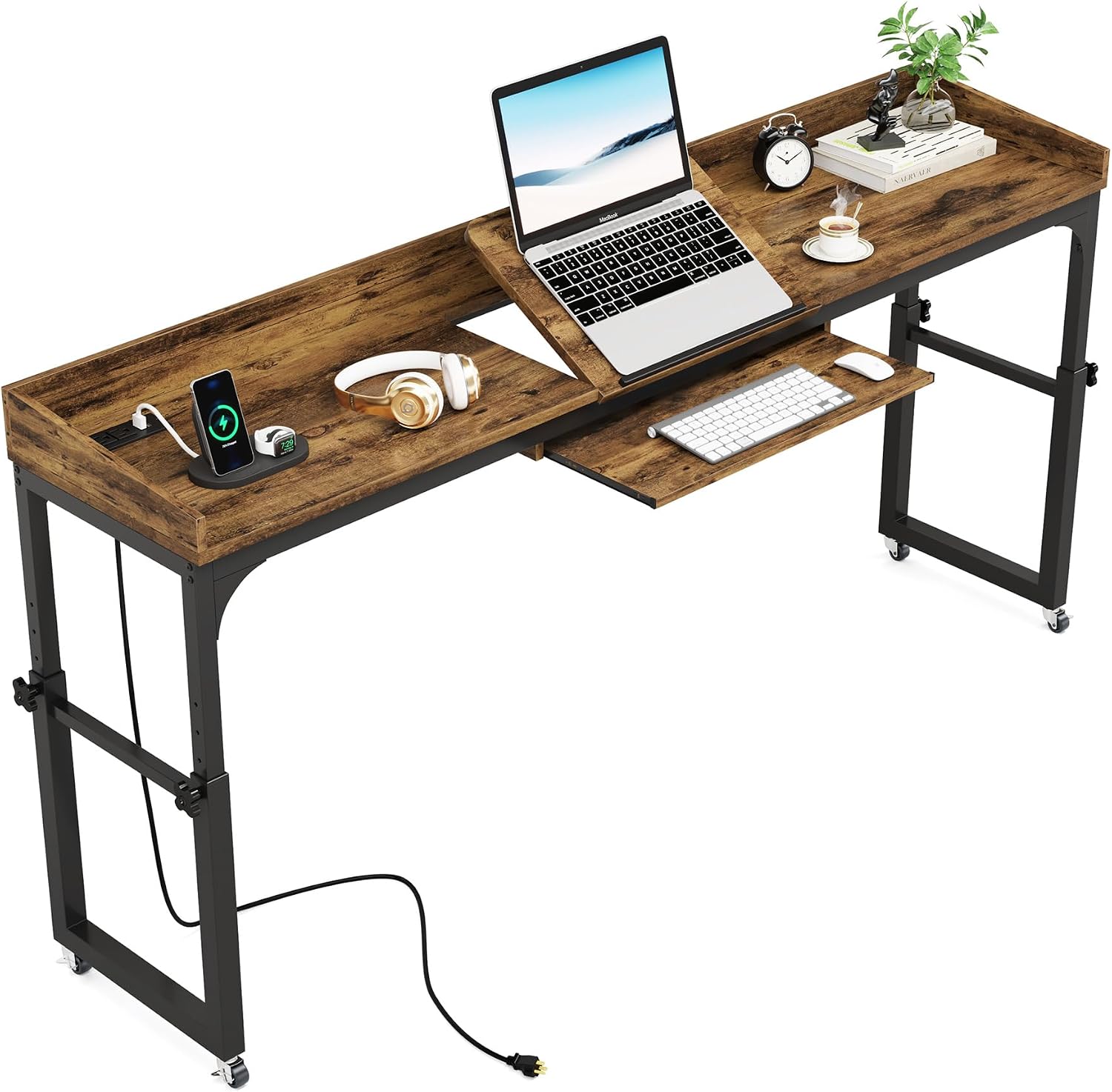 Tribesigns Height Adjustable Overbed Table with Wheels, Queen Size Over Bed Desk with Adjustable Tilt Stand, Mobile Laptop Cart Computer Desk with Outlets & USB Ports (Rustic Brown)