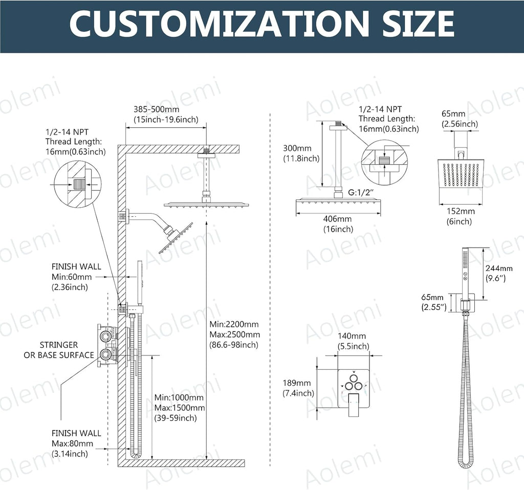 Aolemi Shower Faucet Set Ceiling Mount Shower System Rough-in Valve and Shower Trim Kit 2 in 1 Handheld Spray Push Button Diverter 16 and 6 Inch Dual Shower Head Brushed Gold
