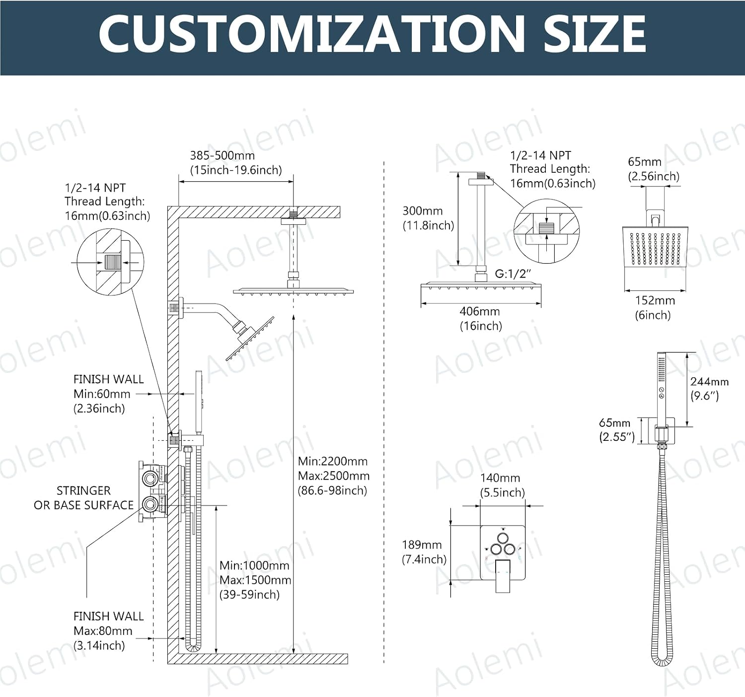 Aolemi Shower Faucet Set Ceiling Mount Shower System Rough-in Valve and Shower Trim Kit 2 in 1 Handheld Spray Push Button Diverter 16 and 6 Inch Dual Shower Head Brushed Gold