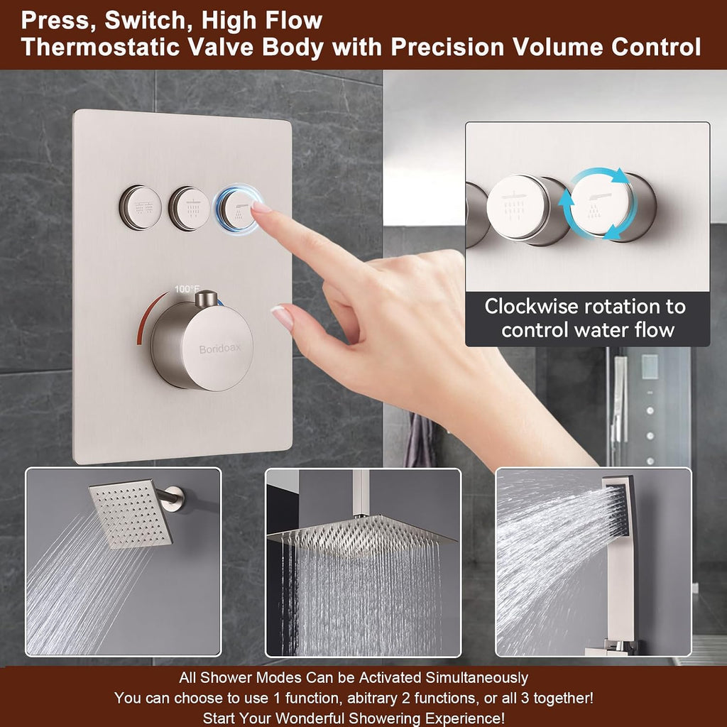 Dual Shower Head System Brushed Nickel 12' Ceiling Mount Rainfall Shower and 6' Wall Mounted Shower Head System with Handheld Spray, Push Button Diverter Shower Faucet Set, Can All Run Together