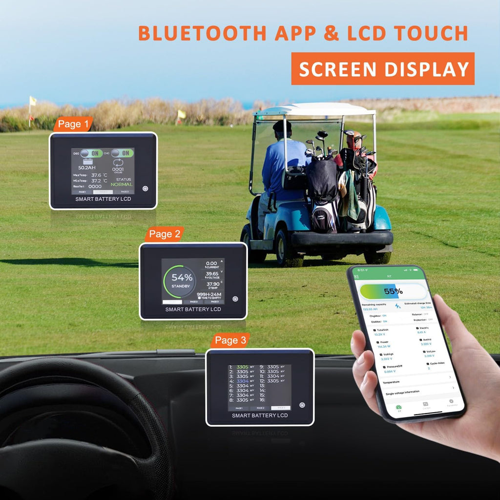 48V Golf Cart Battery 105AH with Touch Monitor & Mobile APP, 48V Lithium Battery Golf Cart with 48V 18A Charger, 200A BMS - 1000A Peak Current, 5000+ Cycles