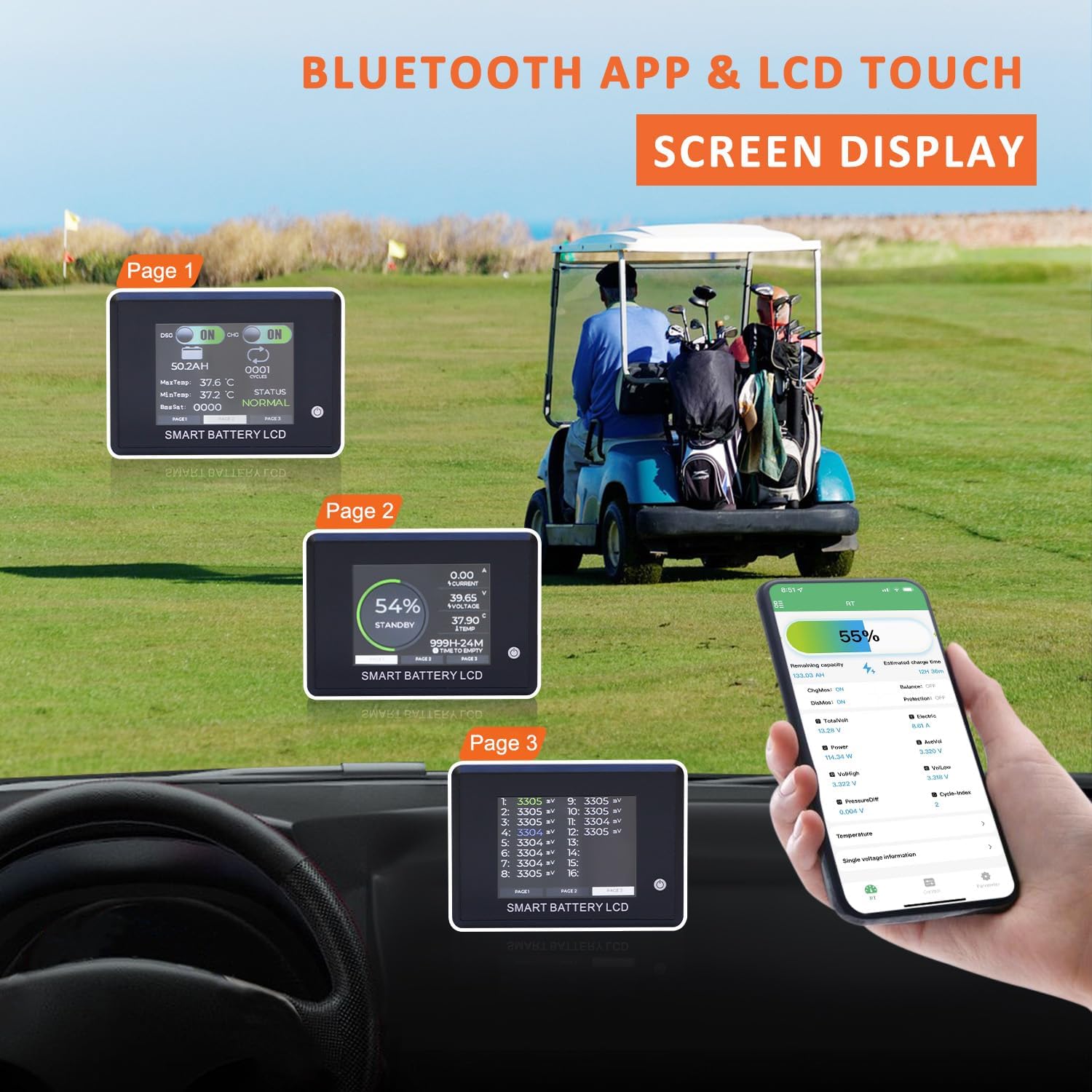 48V Golf Cart Battery 105AH with Touch Monitor & Mobile APP, 48V Lithium Battery Golf Cart with 48V 18A Charger, 200A BMS - 1000A Peak Current, 5000+ Cycles