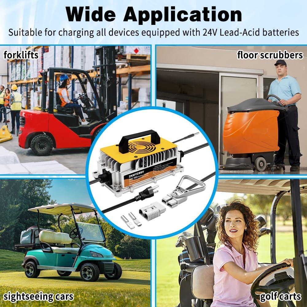24V 30A Forklift Battery Charger, 24V 30A Smart Trickle Charger, 24 Volt Battery Charger for Lead-Acid/AGM/Gel Batteries, Suitable for Sicorssors Lift, Pallet Jack, Lawn Mower, Floor Scrubberb