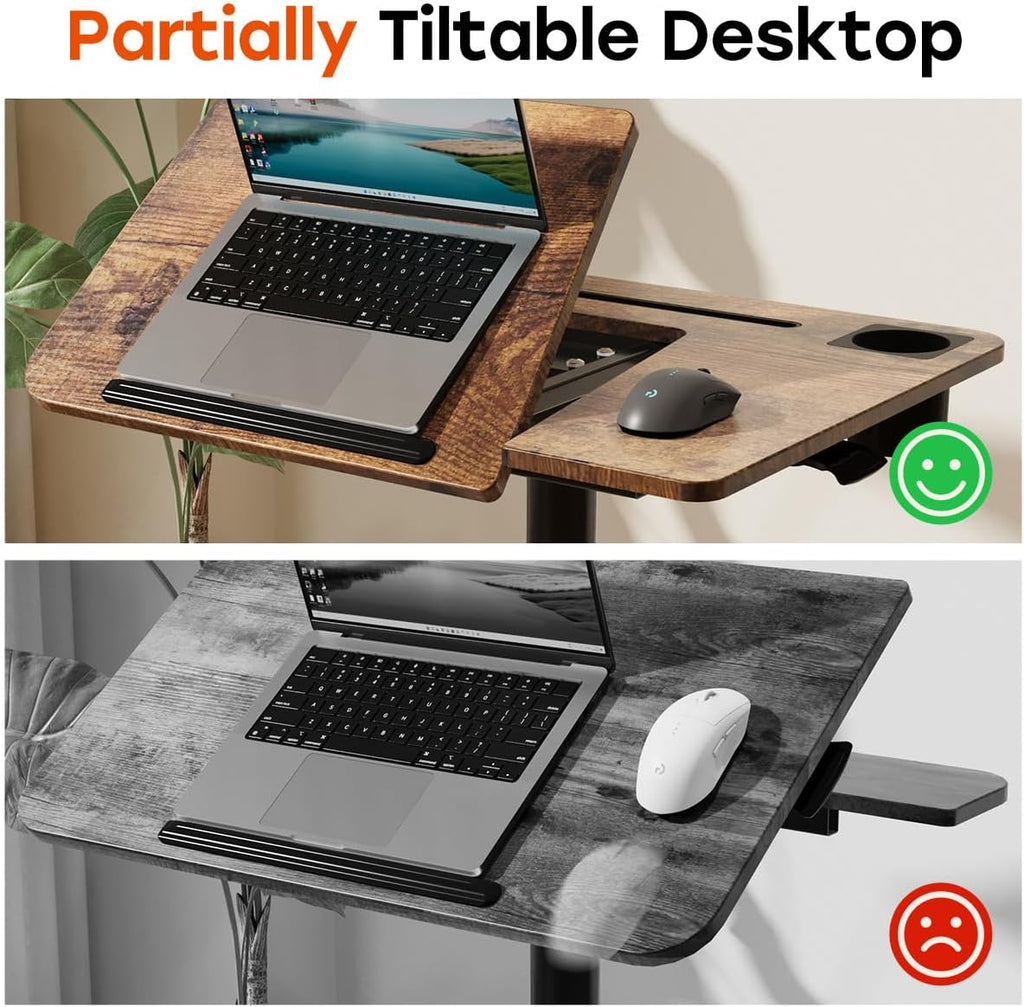JOY worker Mobile Standing Desk, Height Adjustable Table, 60° Tiltable Rolling Laptop Desk, Portable Sit Stand Desk with Wheels Cup Holder for Bed Couch Hospital, Holds Up to 22lbs, Rustic