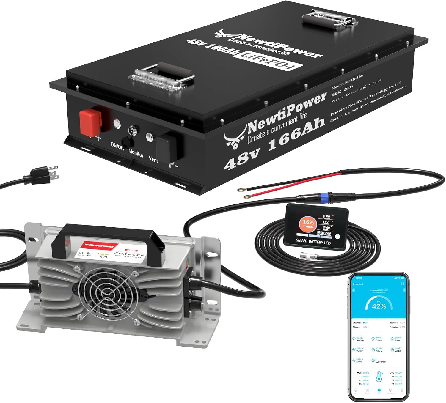 48V 166Ah Golf Cart LiFePO4 Battery with Charger&Monitor, 8499Wh Lithium Battery with 200A BMS, Up to 10000+ Rechargeable Cycles, Perfect for Golf Cart, Solar Power Storage (48V*166Ah)