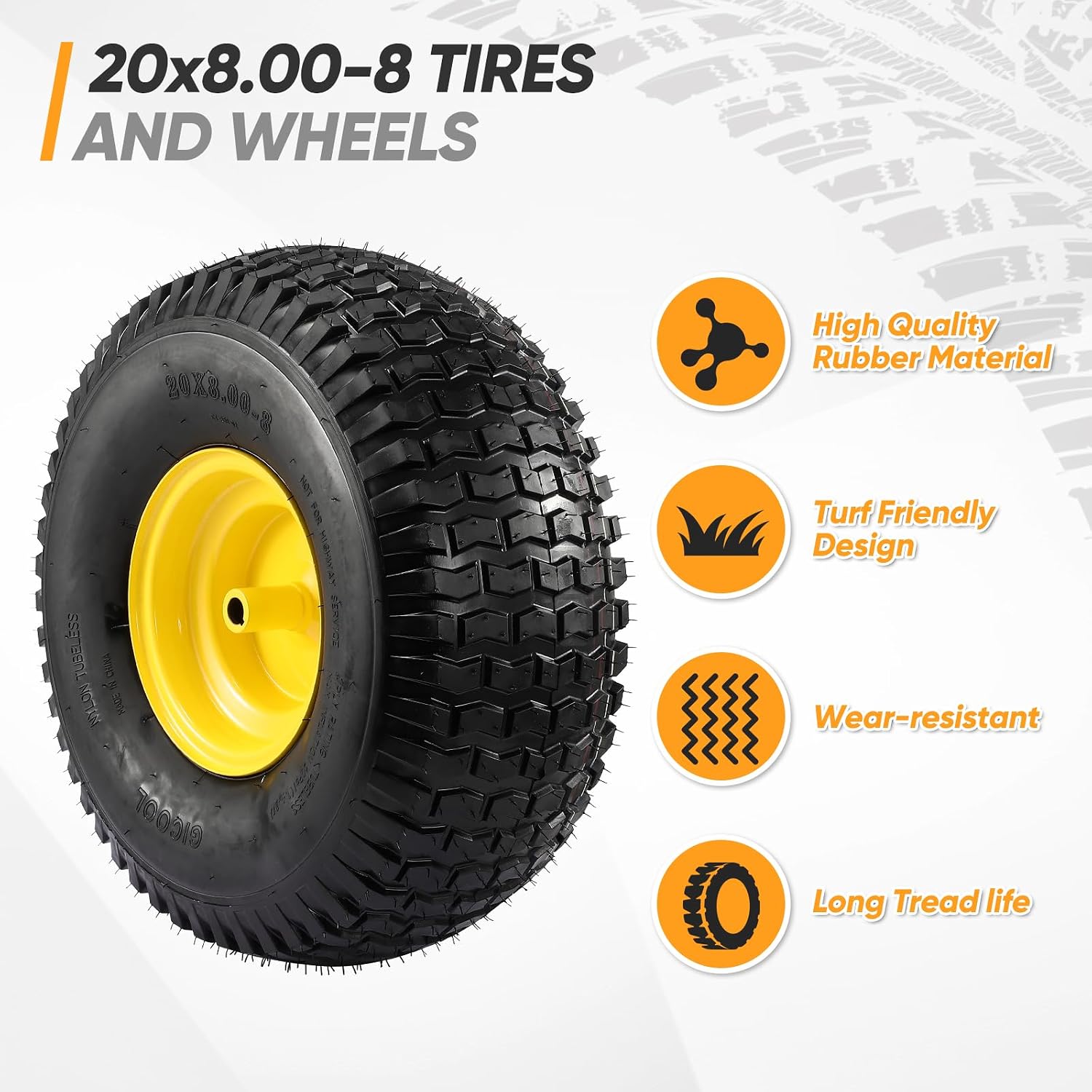 20x8.00-8 Rear Tire and Wheel Assemblies,4 Ply Tubeless Tire Compatible for Riding Lawn Mowers, 3/4' Borehole, 3.5' Offset Hub and 3/16' Keyway, 905lbs Capacity, 2 Pack