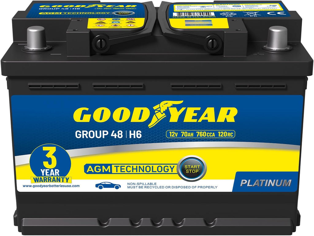 Goodyear 48-H6-AGM BCI Group Size 48 12V 70 AH, 120RC, 760 CCA Platinum series Rechargeable AGM Maintenance Free Automotive Battery
