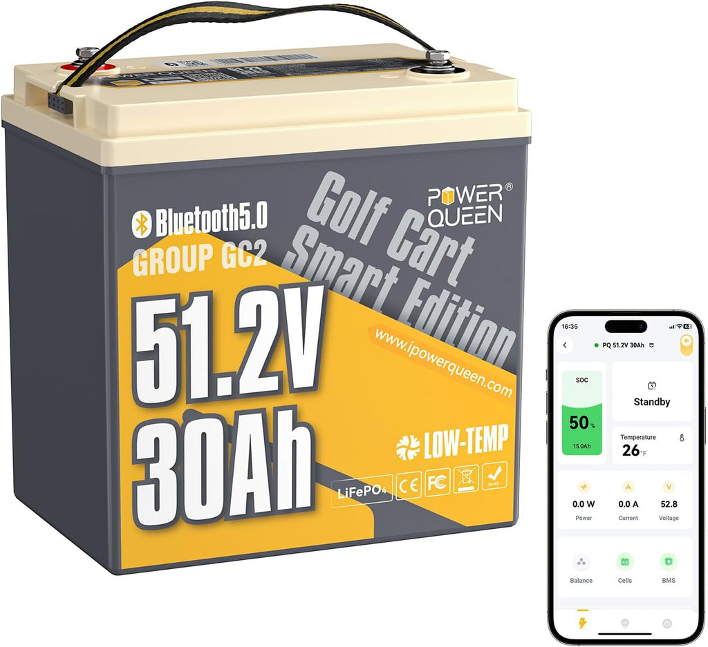 Power Queen 48V 30Ah Lithium Golf Cart Battery,GC2 LiFePO4 Battery Bluetooth,100A Smart BMS,Low-Temp Protection, Support up to 3kW Motor, Max 4.096kW Continuous Power Output, Perfect for Golf Carts