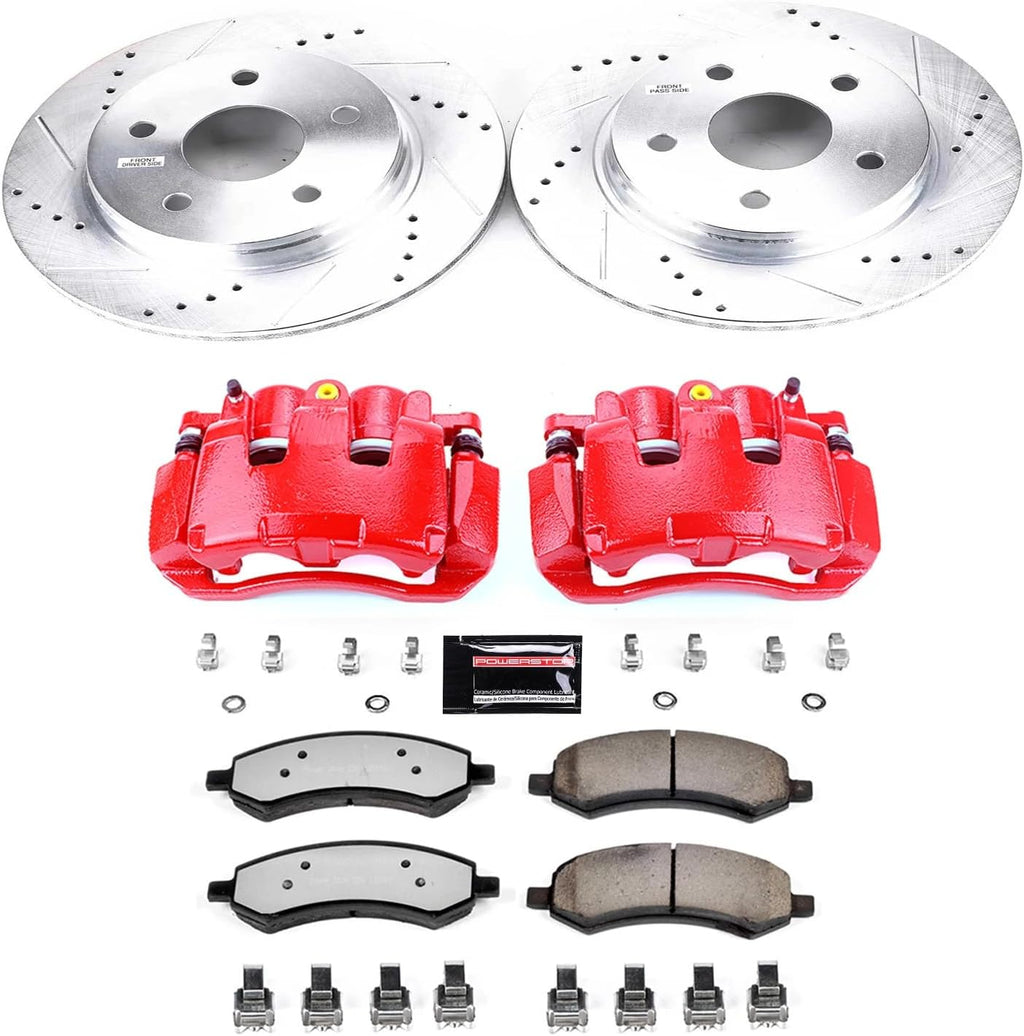 PowerStop Front Brake & Caliper Kit for Chrysler Aspen 2007-09 |Dodge Durango 2007-09 |Ram 1500 2009-10 - Drilled & Slotted Disc Rotors + Z36 Brake Pads + Red-Powder Coated Calipers, KC2163A-36