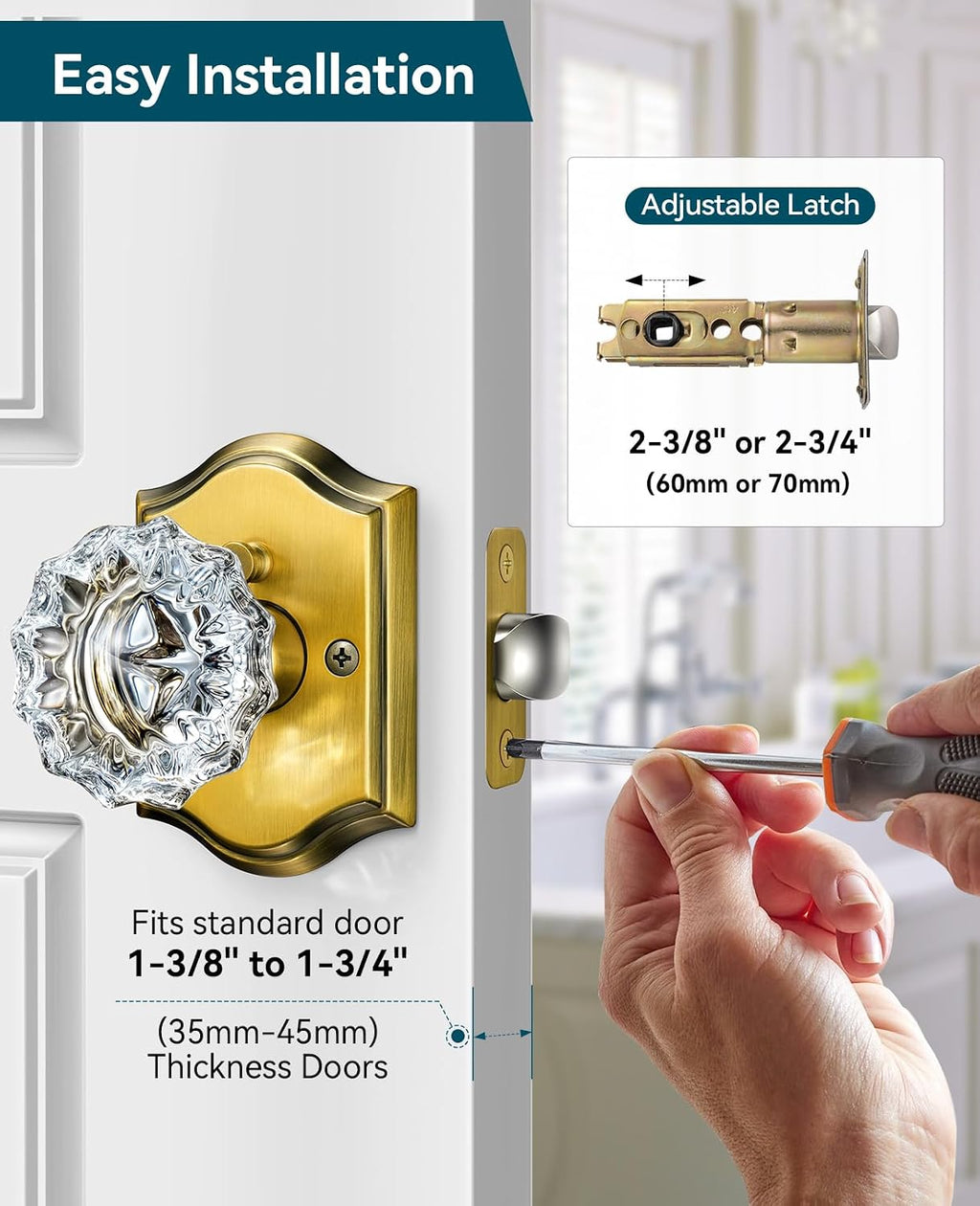 5 Pack Glass Door Knobs, Antique Brass Crystal Door Knobs with Lock for Privacy Use, Vintage Crystal Door Knobs Interior for Bedroom Bathroom, Crystal Glass Brass Door Knob