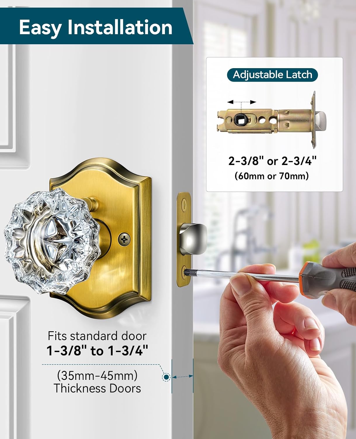 5 Pack Glass Door Knobs, Antique Brass Crystal Door Knobs with Lock for Privacy Use, Vintage Crystal Door Knobs Interior for Bedroom Bathroom, Crystal Glass Brass Door Knob