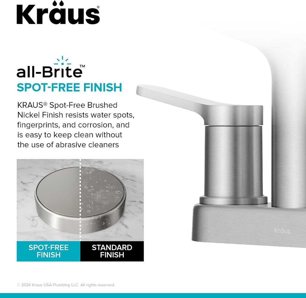 KRAUS Indy Centerset Bathroom Faucet in Spot-Free Brushed Nickel with 2 Handles, Pop Up Drain and Supply Lines, FUS-14102SFBN