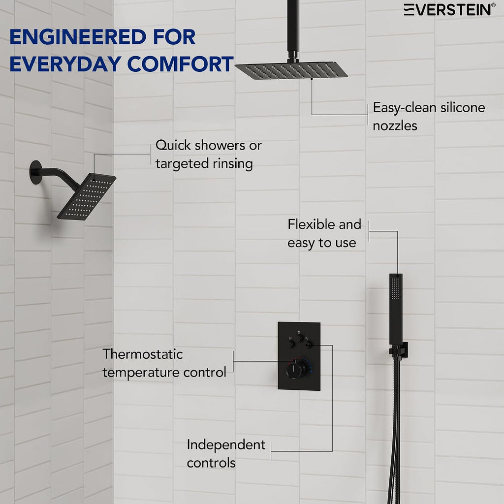 Ceiling Mount 12' High-Pressure Rainfall Shower Faucet, Dual Rainfall Shower Head System with Valve (Matte Black)