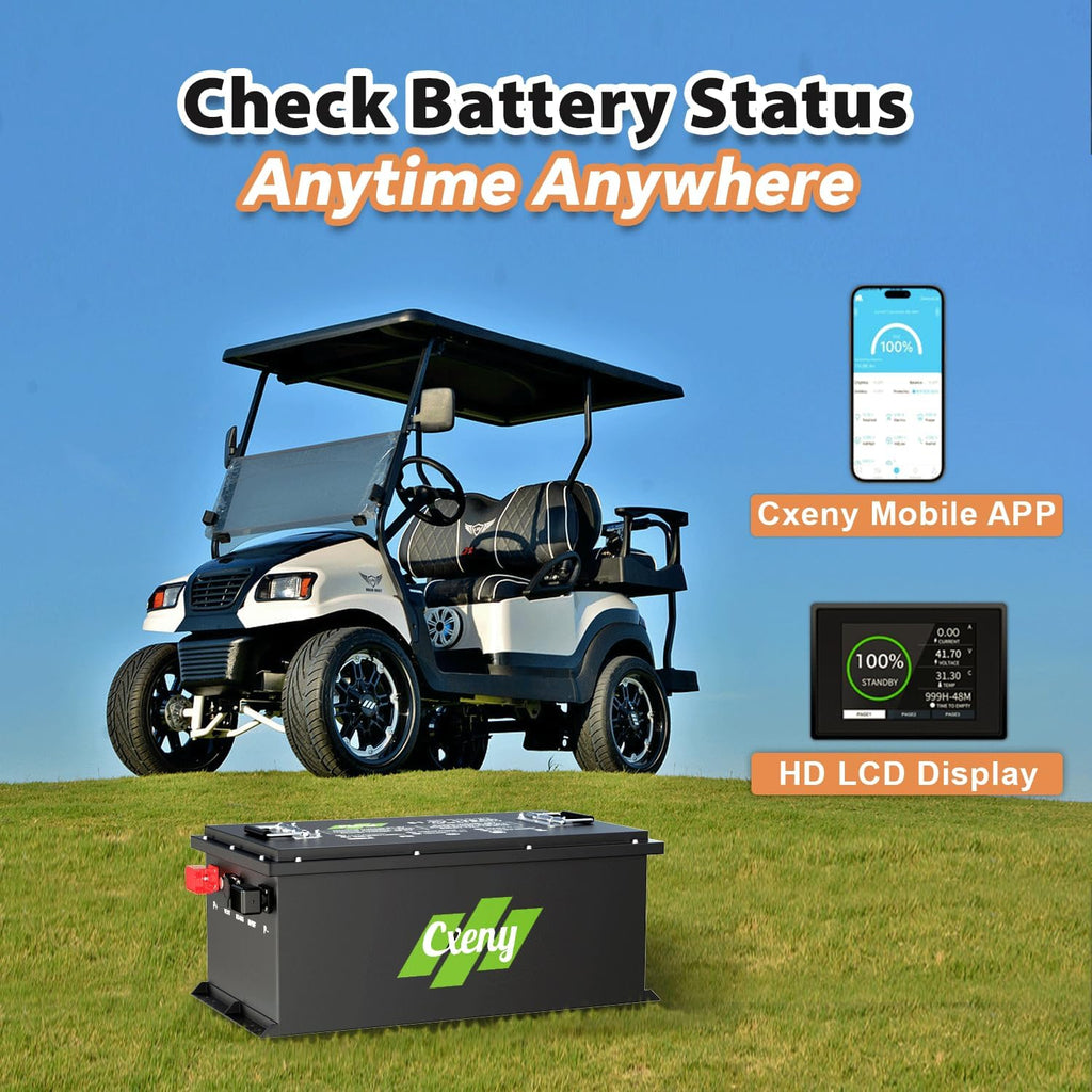 48V 125AH Lithium Battery LiFePO4 Golf Cart Battery with Smart APP Control 200A BMS, Touch Monitor and 58.4V 18A Lithium Battery Charger for Golf Cart Lawn Mower Solar RV and Off Grid
