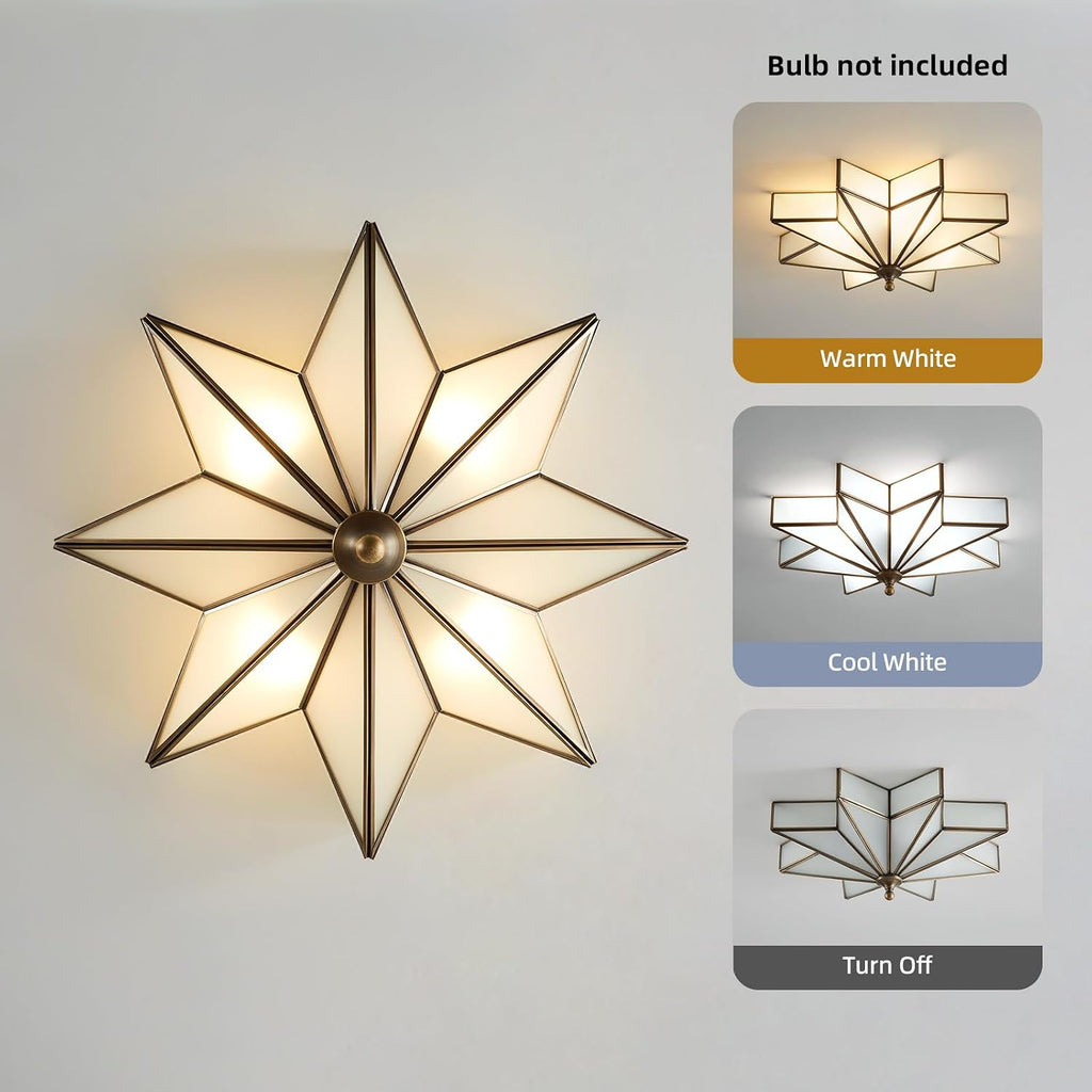 Star Brass Glass Ceiling Light - 19.5 In Black Large Flush Mount Fixture - Art Deco Mid Century Vintage Modern Moravian Lighting Light for Bedroom Dining Kitchen Foyer Farmhouse Living Room