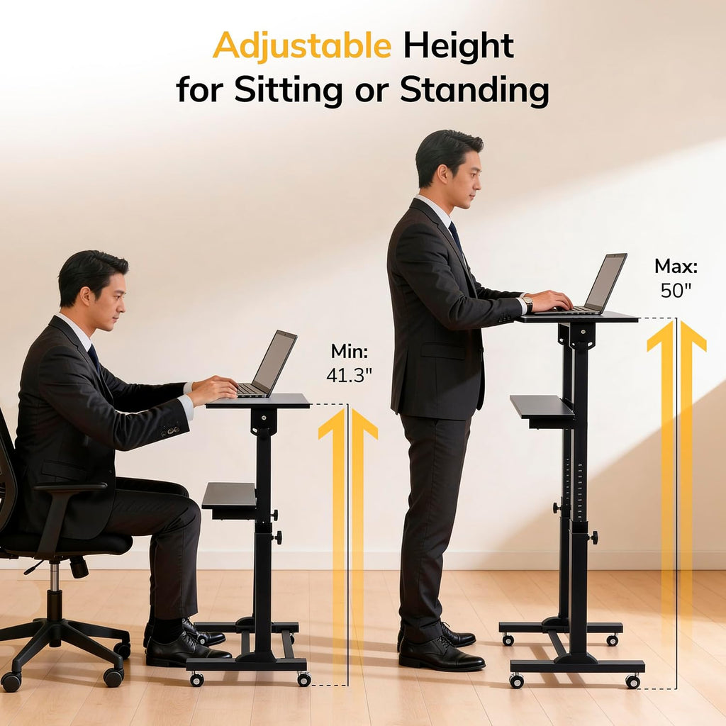 Mount-It! Portable Standing Desk with Wheels, Rolling Mobile Laptop Desk, Height Adjustable Sit Stand Workstation (41.3″–50″), Small Compact Mobile Lectern Podium for Home Office, Classroom & Training