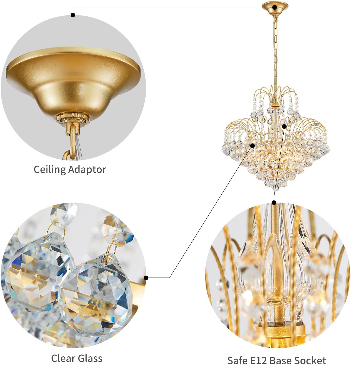 WUZUPS Crystal Chandelier Pendant Flushmount Ceiling Light Modern Lighting Fixture for Bedroom Hallway Bar Kitchen Bathroom, H 17.3' x W 18.9', Gold, E12 Base