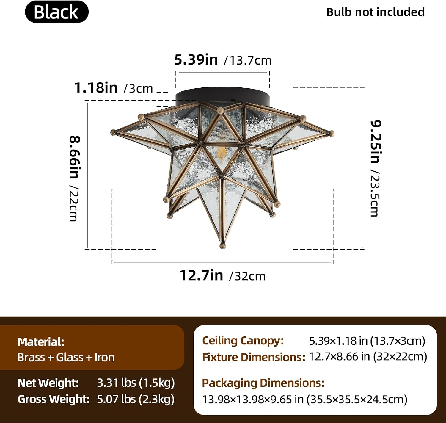 Moravian Brass Star Ceiling Light - 12.7 Inch Oil Rubbed Bronze Black Vintage Flush Mount Lighting Fixtures - Art Deco Moroccan Glass Fixture Lights for Hallway Kitchen Farmhouse Bedroom Entryway