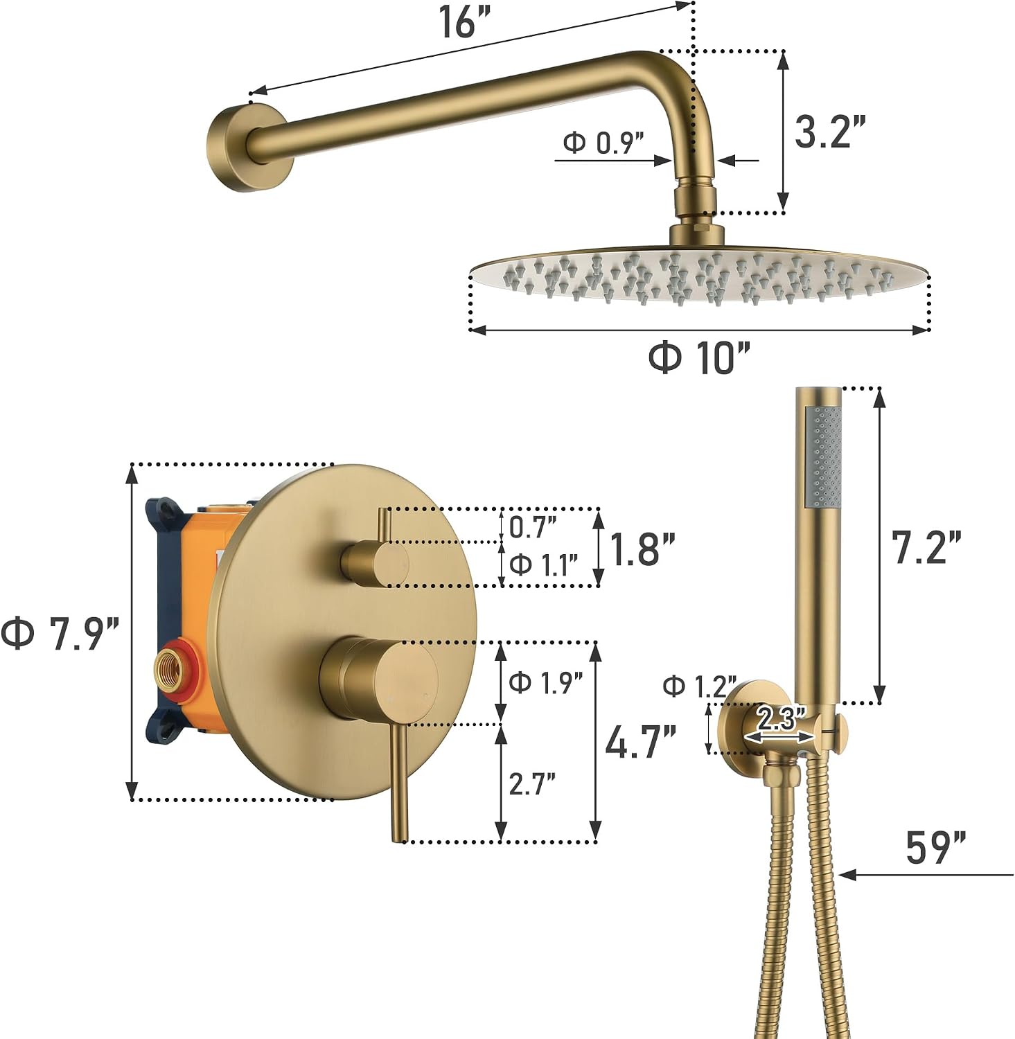 MONDAWE Round Shower Faucet Set, Wall Mounted Shower System 10 Inch Rainfall Shower Head with Handheld Combo, Brushed Gold High Pressure Rainfall Shower Set -Valve Included