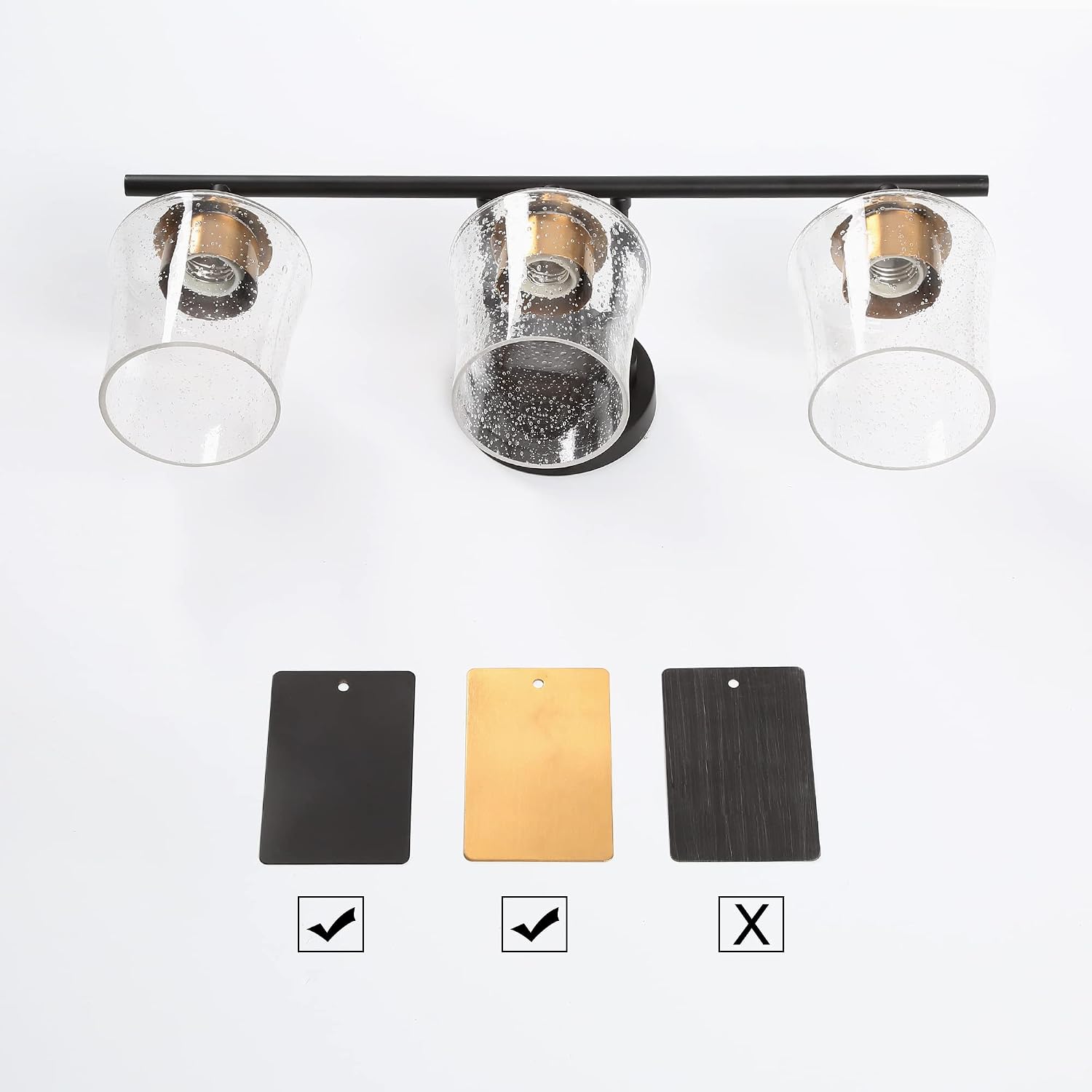 ZEVNI Vanity Light Fixture, 3-Light Bathroom Black and Gold Vanity Light Fixtures with Seeded Glass Shades, 20.5' X 7.5' X 7'
