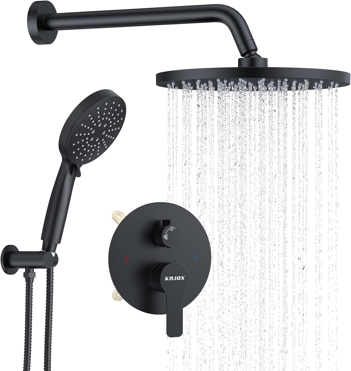 KOJOX Shower System- High Pressure Shower Head- 3 Setting Headheld Shower Head Fixtures- Shower Valve Included (Matte Black)