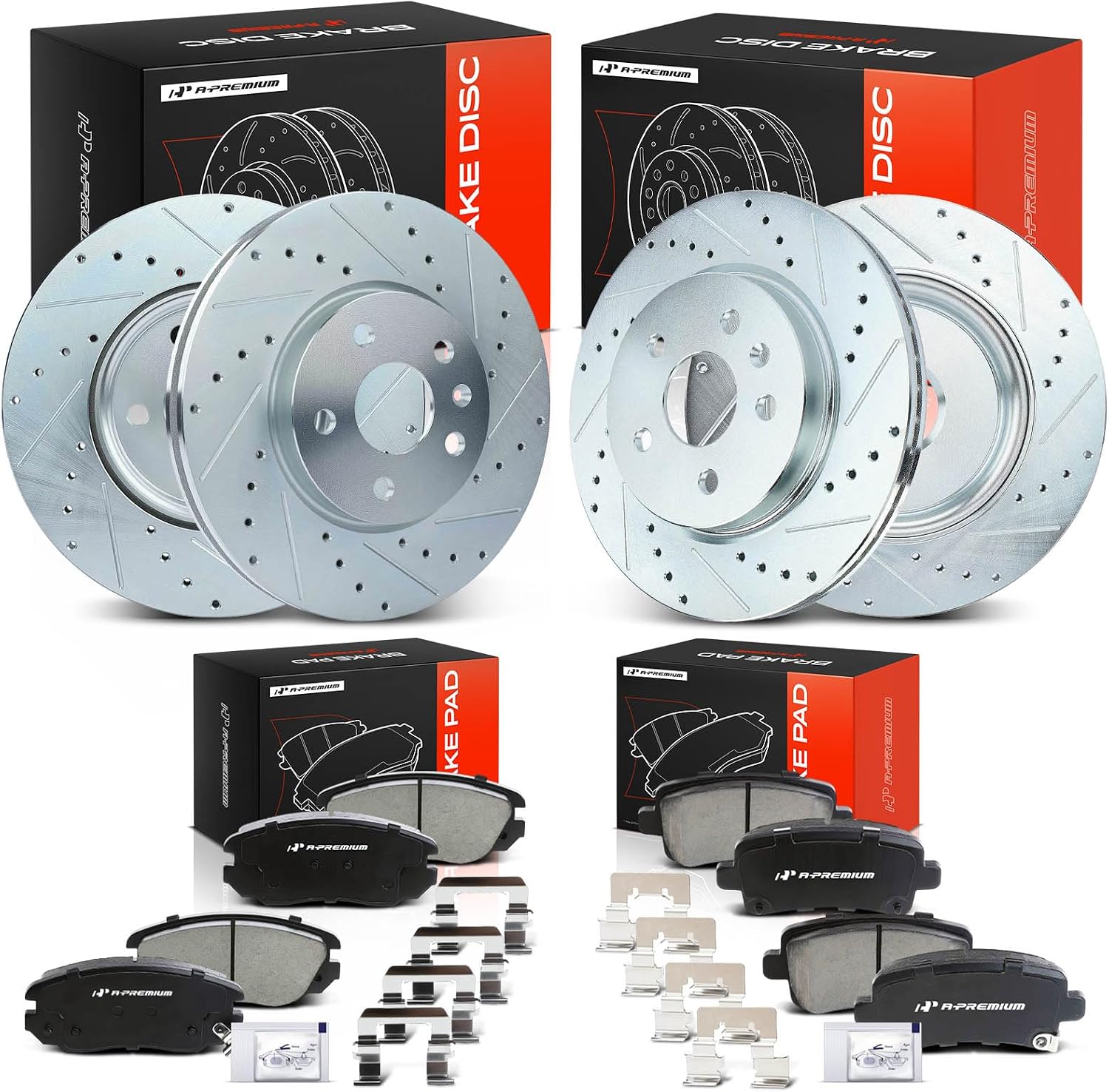 A-Premium Front and Rear Drilled and Slotted Disc Brake Rotors + Ceramic Pads Kit Compatible with Select Buick, Chevy and Saab Models - Allure, LaCrosse, Regal, Impala, Malibu, Malibu Limited, 9-5