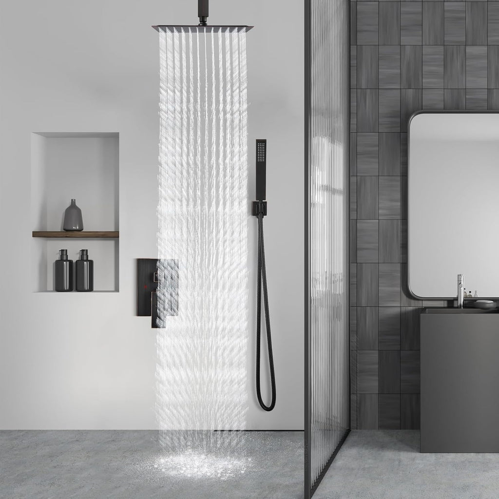 Aolemi Ceiling Mount Shower System Rain Shower Head with Handheld Spray High Pressure Shower Faucet Set Rough-in Valve Shower Trim Kit Included Bathroom Oil Rubbed Bronze 16 Inch Ceiling Shower Head