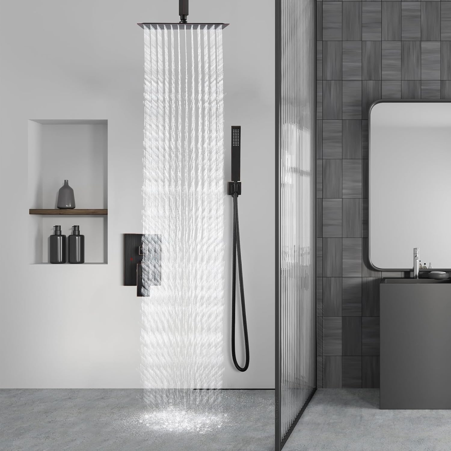 Aolemi Ceiling Mount Shower System Rain Shower Head with Handheld Spray High Pressure Shower Faucet Set Rough-in Valve Shower Trim Kit Included Bathroom Oil Rubbed Bronze 16 Inch Ceiling Shower Head