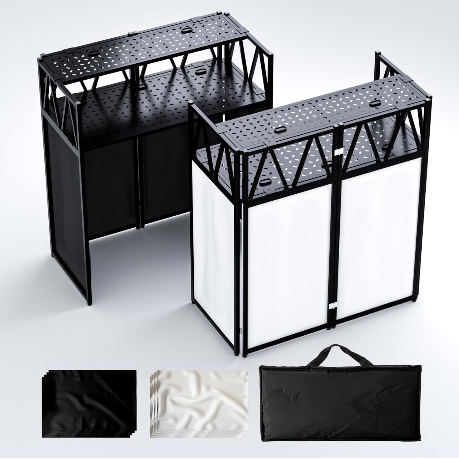 DJ Facade Booth Portable DJ Booth Table, Folding 2-Tier Workstation Table with Cable Management Holes, Adjustable Leveling Feet, Black & White Scrim Panels for Wedding Party Events(Upgrade)