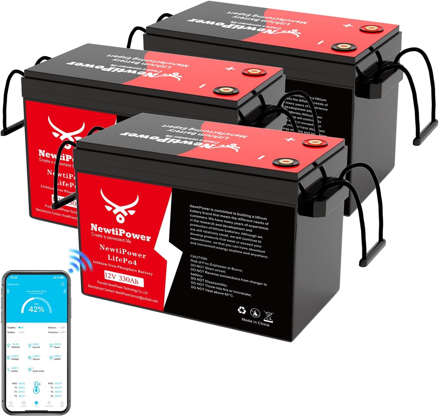 12V 330Ah LiFePO4 Battery Small Size, 4224Wh Lithium Battery with 200A BMS, Up to 10000+ Rechargeable Cycles, Perfect for RV Camping, Trolling Motor, Solar Power Storage (12V*330Ah*3Packs)