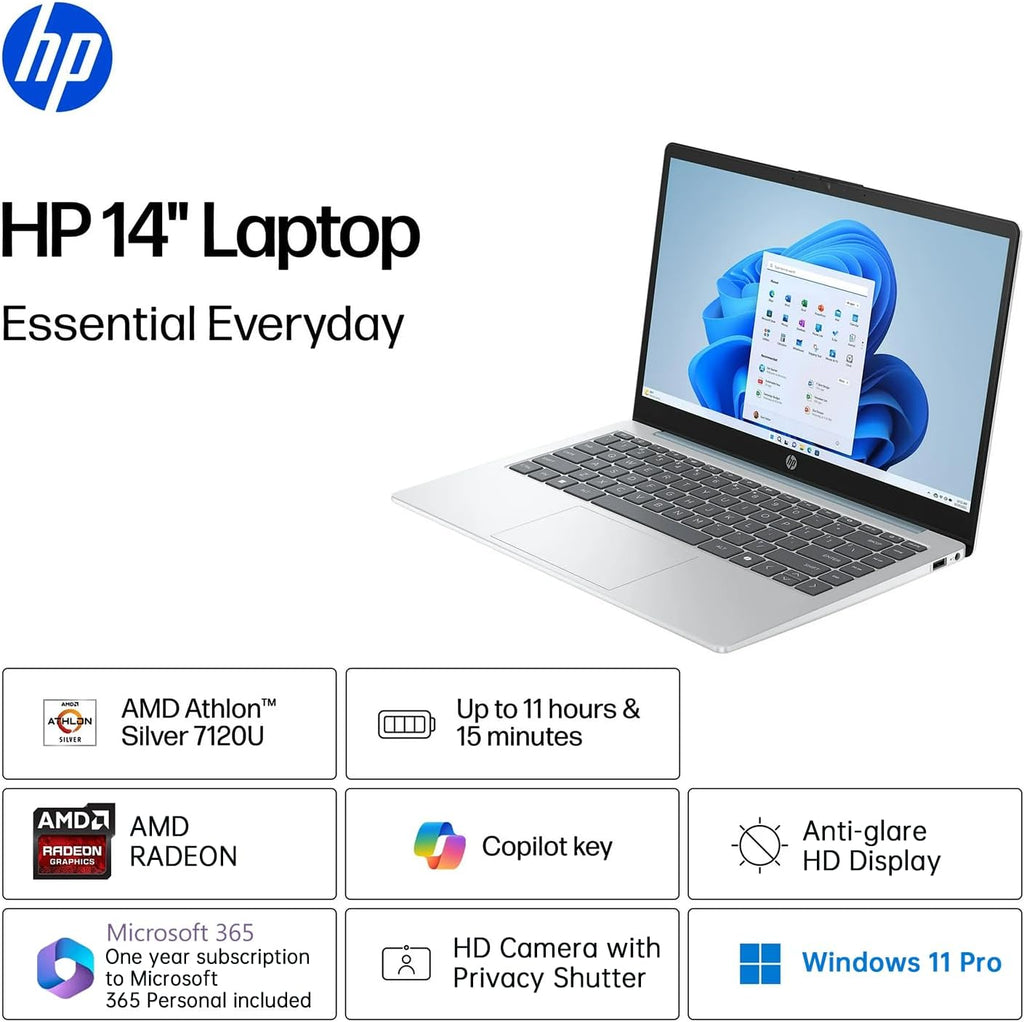 HP 14 inch Laptop with 1-Year Office 365, 14' HD Anti-Glare Display, AMD Athlon Processor(up to 3.5GHz), 4GB RAM, 128GB SSD + 128GB Portable SSD, Copilot PC, Long Battery Life, WiFi 6, Win 11 Pro