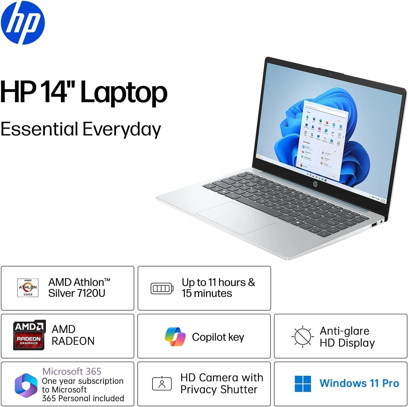 HP 14 inch Laptop with 1-Year Office 365, 14' HD Anti-Glare Display, AMD Athlon Processor(up to 3.5GHz), 4GB RAM, 128GB SSD + 128GB Portable SSD, Copilot PC, Long Battery Life, WiFi 6, Win 11 Pro