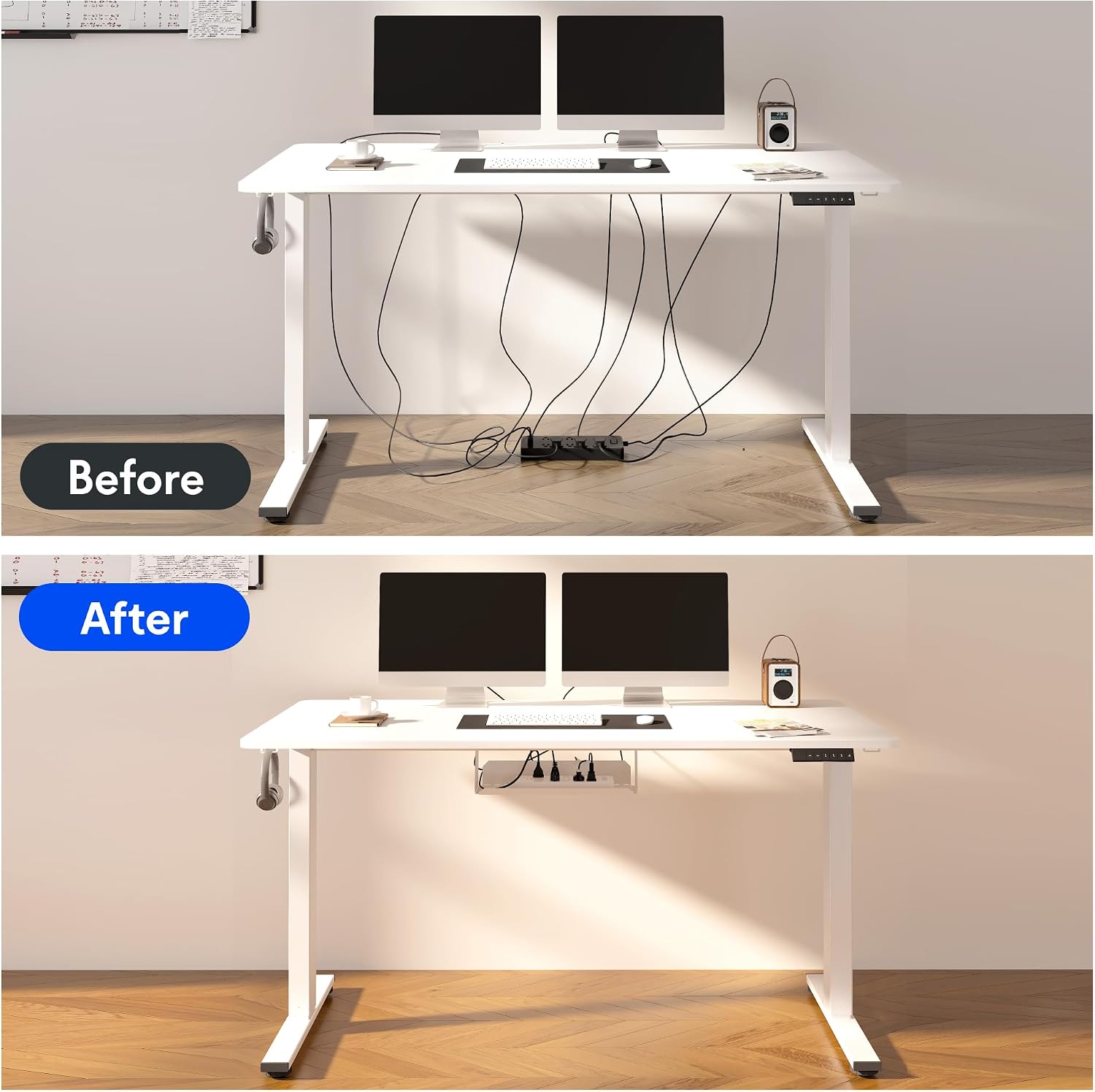 FLEXISPOT EN2 Whole-Piece Standing Desk with Clamp Power Strip, 48x24 Electric Stand Up Height Adjustable Desk with Cable Management (White Frame + 48' White Top)