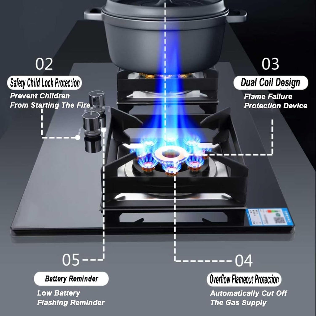 Indoor Portable Gas Stove 2 Burners, 5.2KW Built-in Gas Cooker Plug and Play, Accidental Flameout Protection Device, LPG/Natural Gas Kit(NG)