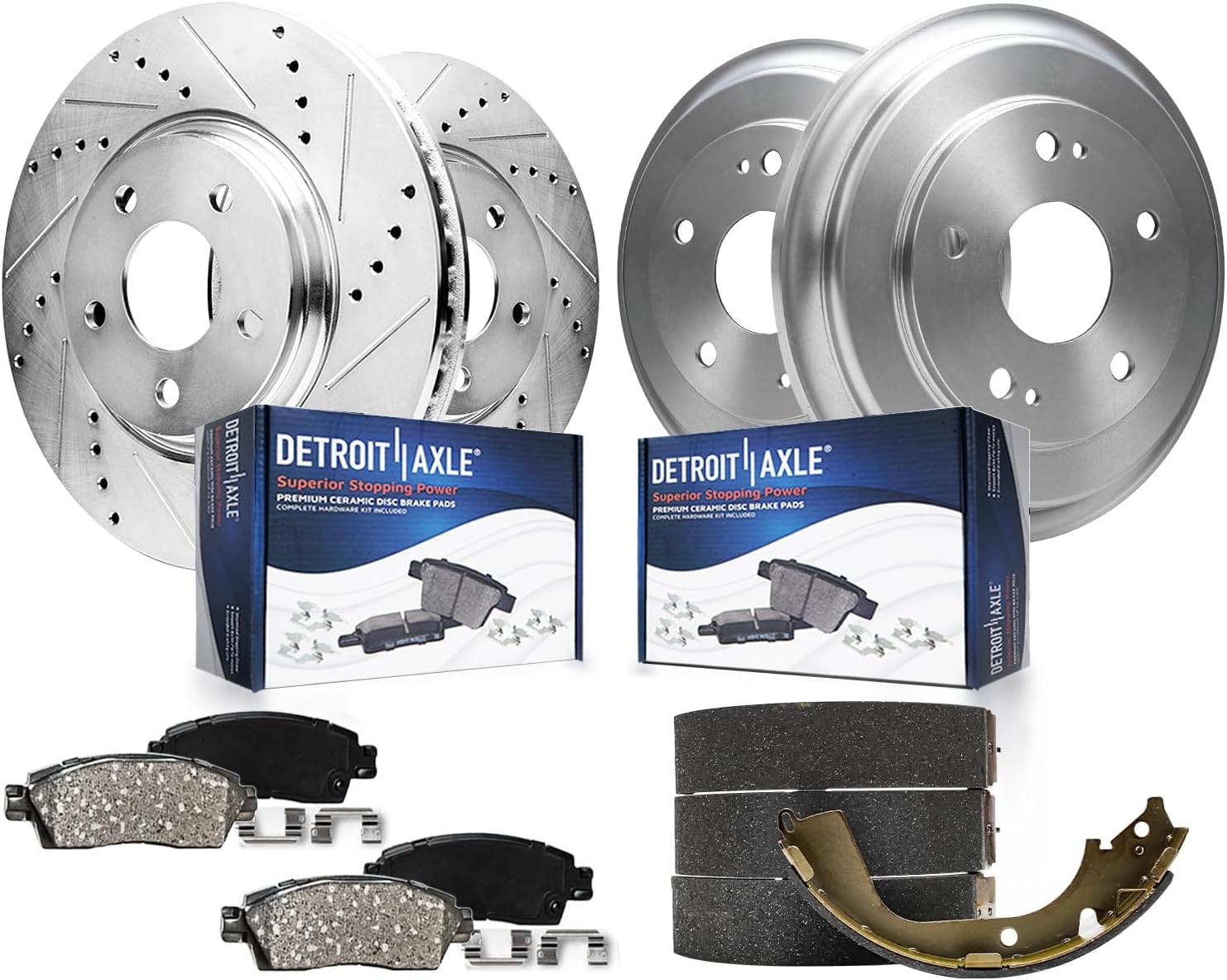 Detroit Axle - Brake Kit for 2012-2015 Honda Civic, 2013 2014 Front Drilled and Slotted Disc Brake Rotors Ceramic Brakes Pads Rear Brake Drums Brakes Shoes Replacement : 10.31' inch Front Rotors