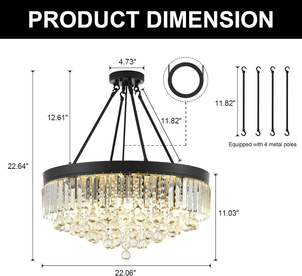 Black 9-Light Crystal Chandelier 22'' Modern Semi Flush Ceiling Crystal Hanging Light Fixture Sparkling Decoration for Entryway Bedroom Living Dining Room Kitchen Island Hallway Foyer