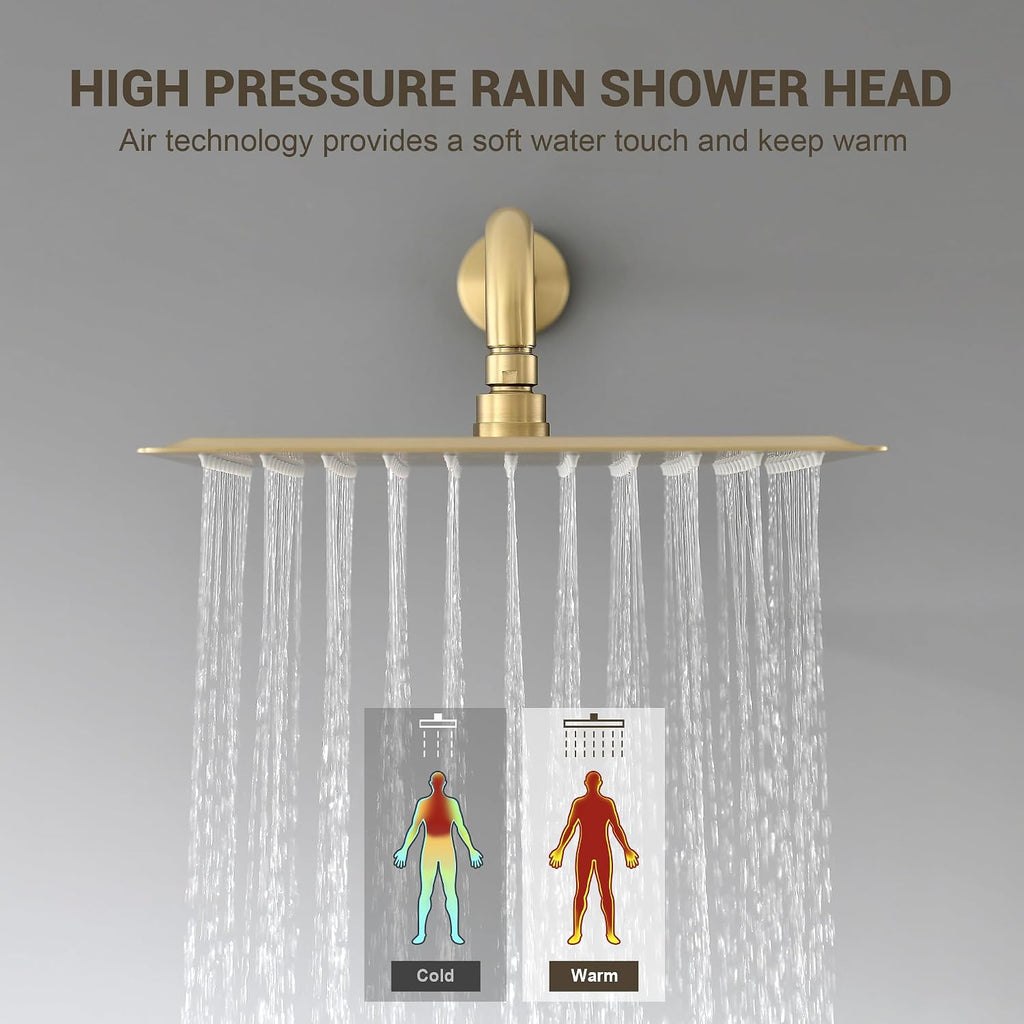 Shower Faucet Set - 12 inches Rain Shower System with 6 Function Handheld Shower Head Rough in Pressure Balance Valve Kit - Stainless Steel Bathroom Shower Kit Complete Brushed Gold