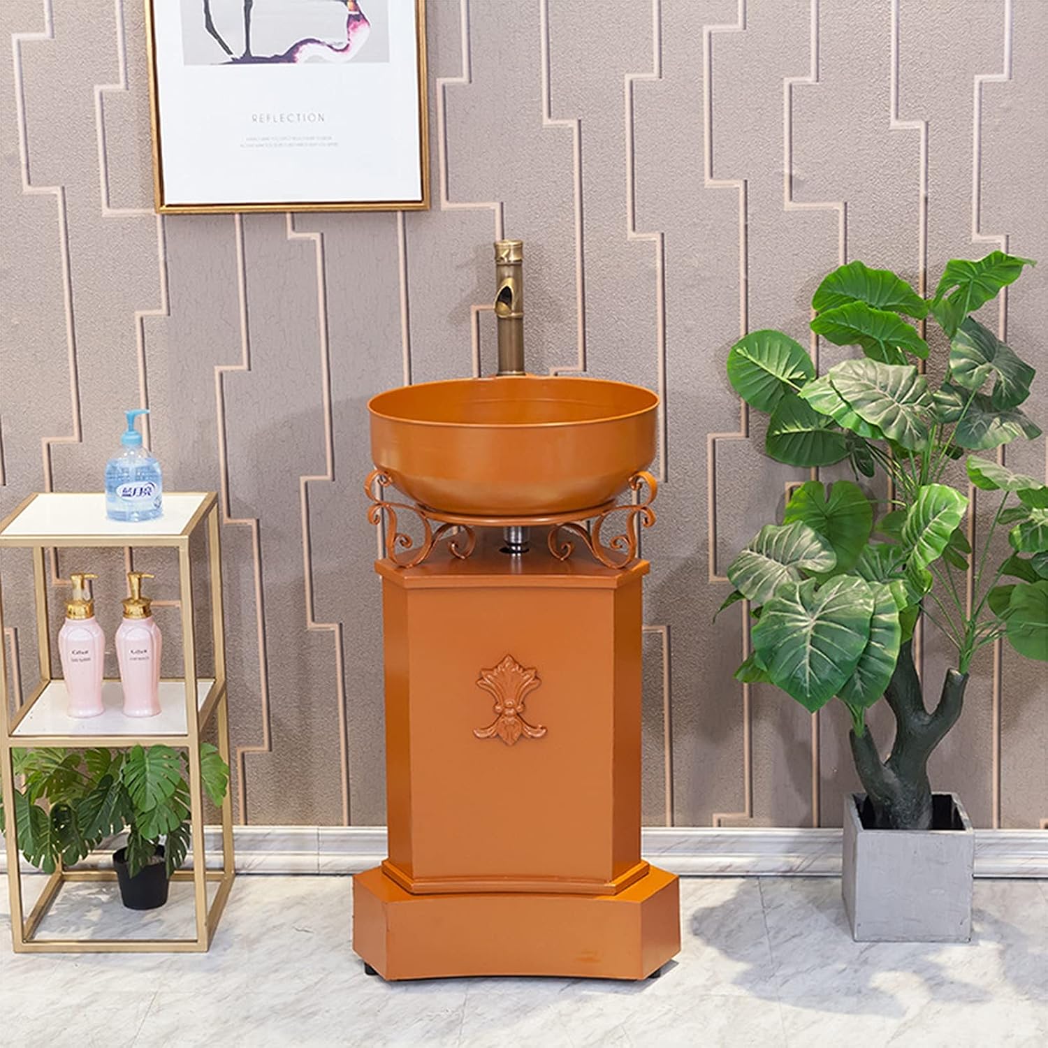 Free Standing Bathroom Vanity Unit, Industrial Style Wrought Iron Sink Bathroom Cabinet with Faucet and Drain 16.9 x 33.4 in,Orange