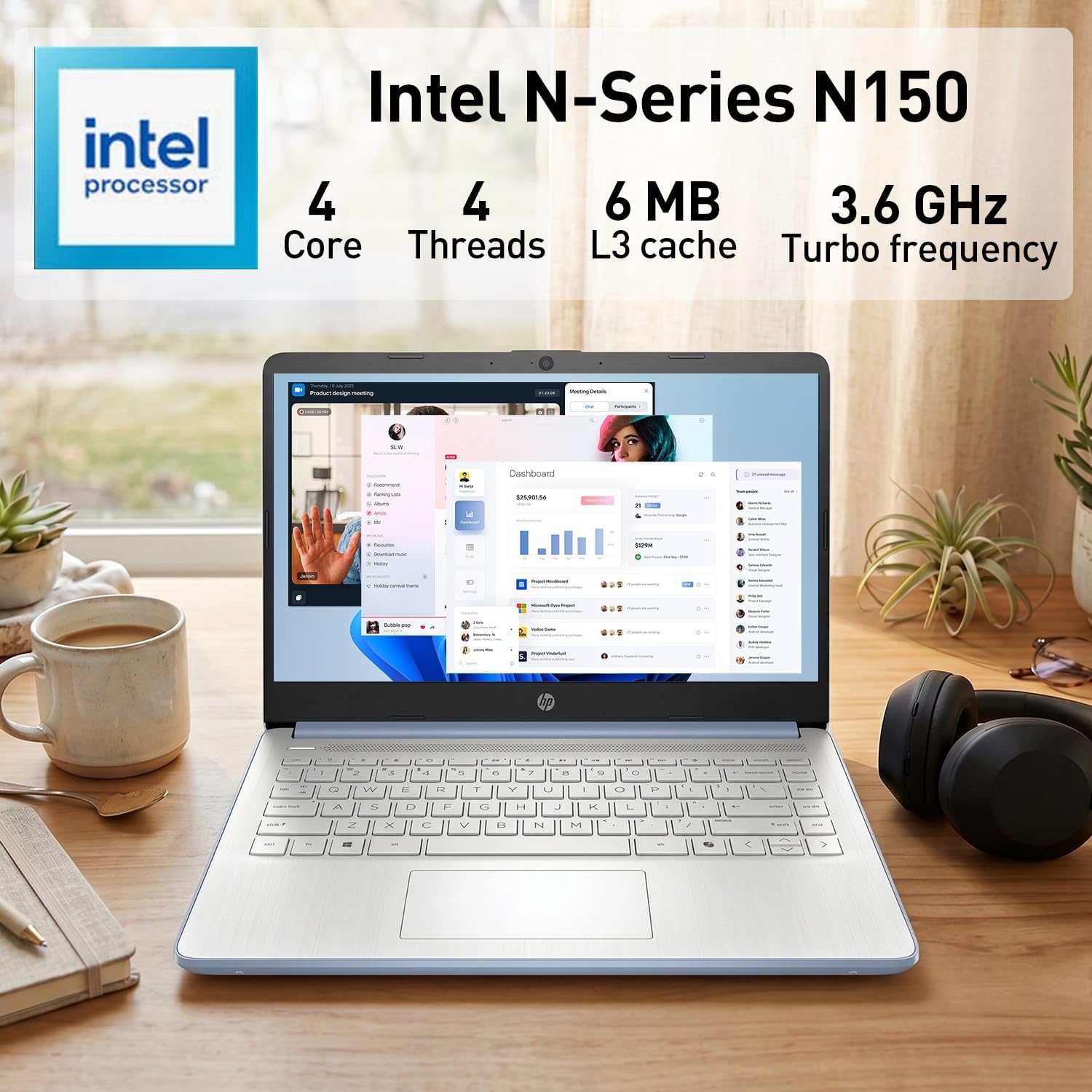 HP dq6012dx 14' Laptop, Intel N150 Processor (Up to 3.6GHz), 4GB RAM, 128GB eMMC Storage, 14-inch Micro-Edge Display, Wi-Fi 6, Webcam, HDMI, Windows 11 Home in S Mode, Blue, Bundle PCO Cooler (Blue)
