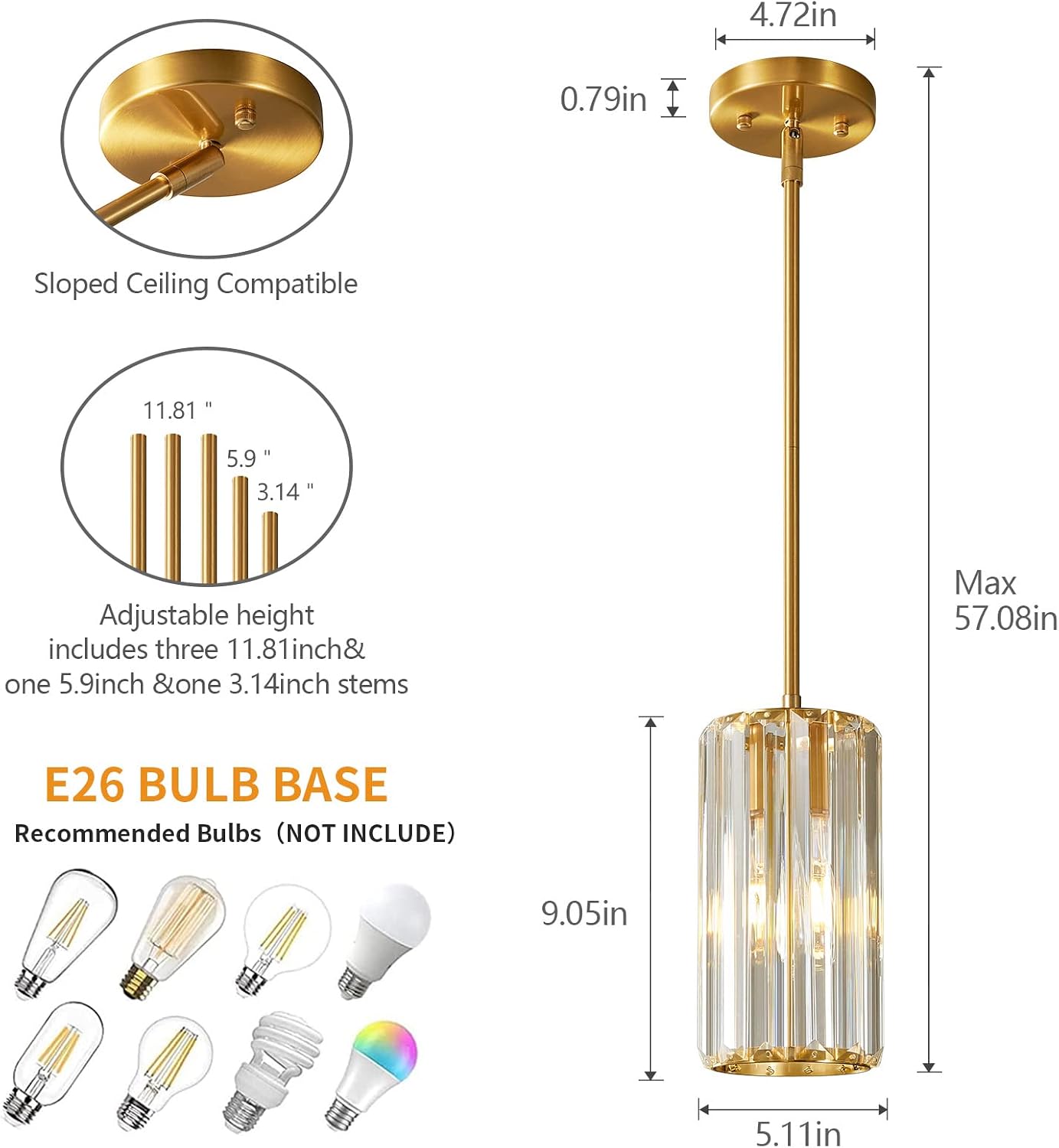 Gold Pendant Lighting Modern Pendant Light Mini Crystal Chandeliers Adjustable Pendant Light Fixture for Kitchen Island Dinning Room Corridor Bedroom(Gold 2-Pack)